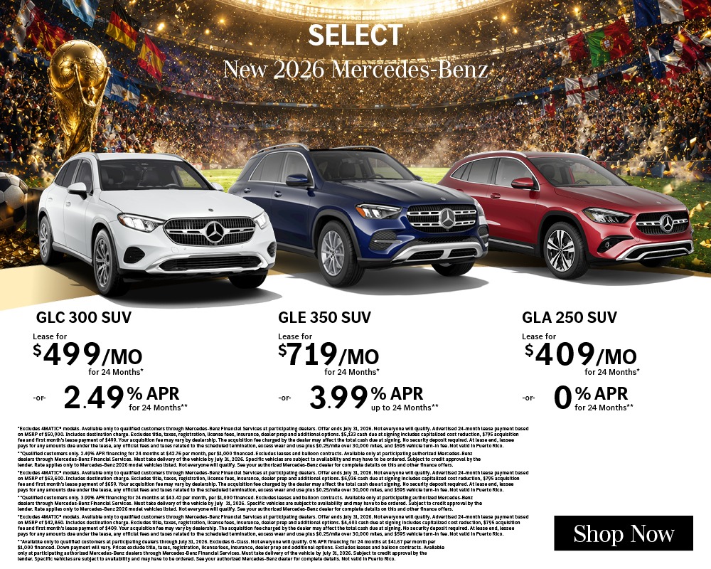 Select New 2026 Mercedes-Benz GLC 300 SUV, GLE 350, and GLA 250